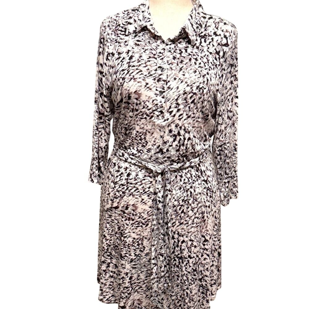 CAbi Pay Day shirt dress black gray white knit with self tie and collar Sz Lrg